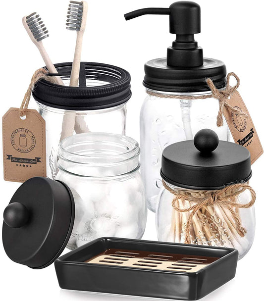 5 Pcs Mason Jar Bathroom Accessories Set - Mason Jar Soap Dispenser & 2 Apothecary Jars & Toothbrush Holder &Ceramic Drain Soap Dish - Rustic Farmhouse Restroom Bathroom Home Decor Clearance, Black