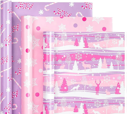 Christmas Wrapping Paper Roll - Mini Roll - 3 Rolls - 17 Inch X 120 Inch per Roll - Pastel Pink and Purple Reindeer, Candy Cane with JOY, Snowflake Holiday Collection